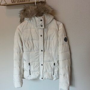 Abercrombie & Fitch Off-White Puffer Jacket with Faux Fur Hood